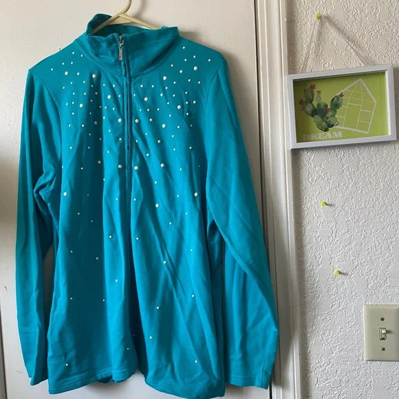 Quacker‎ Factory XL Turquoise Embellished Full Zip Sweatshirt Jacket - Picture 5 of 8